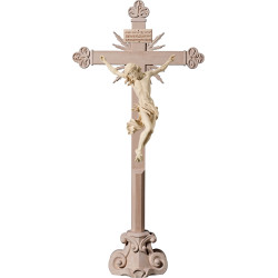 Cristo Barroco en cruz barroca con rayos en peana y Titulus Crucis en hebreo - latín - griego